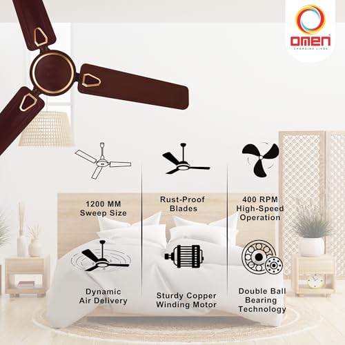 Image of Omen Changing Lives Aeroclassic Deco 1200mm Ceiling Fan for Home | BEE Star Rated | Decorative Fan & Elegant Design | High Air Delivery | Double Ball Bearing | 2 Year Warranty| (Brown)