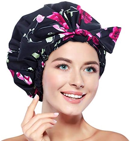 Reusable Shower Cap for Women Long Hair, Waterproof Large Shower Caps Adjustable, Washable, Breathable