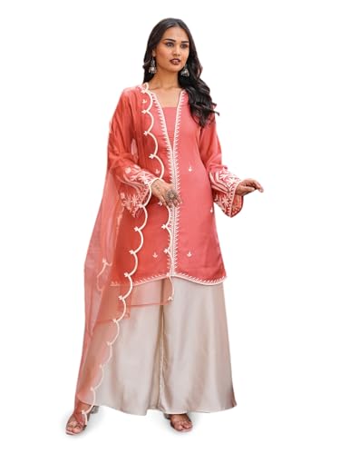 Kurta brodé pêche avec pantalon et dupatta Womanista en taille 36