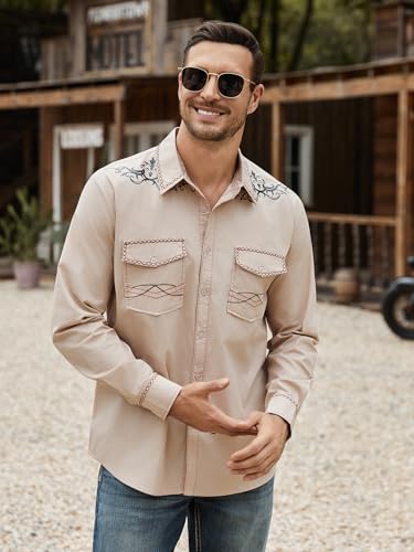 Daupanzees Men's Western Cowboy Shirt Long Sleeve Embroidered Shirt Slim Fit Casual Button Down Shirts with Pockets2