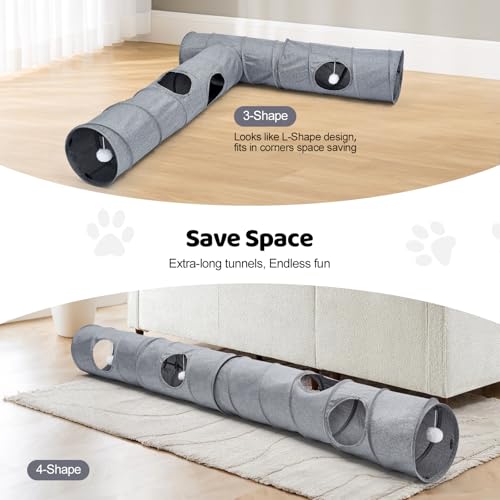Image of Cat Tunnel, 3 Straight Shaped Tunnels 6 DIY Shapes with Wand Toys, No Noise Scratch Resistant Cool Linen Fabric, Interactive Pet Tunnel Tube for Indoor Cats, Puppy and Rabbits