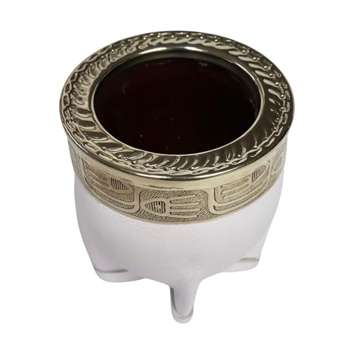 thebmate [Premium Yerba Mate Cup (Mate Gourd) - Crafted Ceramic Teacup – Coppery Brown Leather Wrapped Handmade in Uruguay - Mate Imperial - Imperial Style (White)