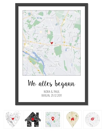 OWLBOOK® Personalisierte Geschenke für Frauen | Wo alles begann Bild mit Landkarte & Koordinaten | Geschenke als Geburtstagsgeschenk Jahrestagsgeschenk Valentinstagsgeschenk | A4/A3 zzgl. Rahmen