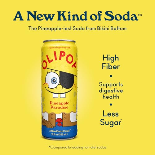 OLIPOP Prebiotic Soda Pop, SpongeBob Pineapple Paradise, Pantry Pack Packed with Prebiotics, Fiber, and Botanicals, Gluten Free, GMO Free, 12oz Skinny (12-Cans) (Packaging May Vary) — view 2