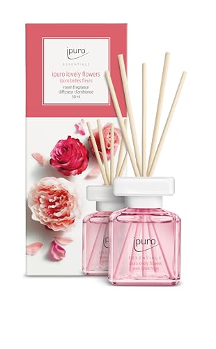 ipuro - Essentials Raumduft Lovely Flowers 50ml | Raumerfrischer mit Ylang Ylang, Rose, Maiglöckchen, Vanille & Moschus Duft Aroma | Diffuser mit Stäbchen | Lufterfrischer für die Wohnung