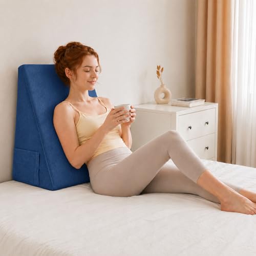 Image of OAISZ Wedge Pillow, 12 Inch Bed Wedge Pillow for Headboard, Pillow Wedge for Acid Reflux Relief, After Surgery, Sleeping, Back Pain Relief, Memory Foam Top, Blue