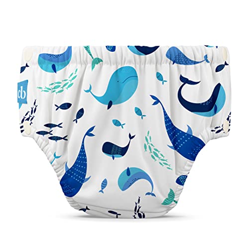 Image of Charlie Banana Reusable Swim Diaper, Washable, with Easy On and Off Snaps for Baby Girls Boys, Soft and Snug Waterproof Fit to Prevent Leaks - The Whale on White, Size XS (9-14 lbs)