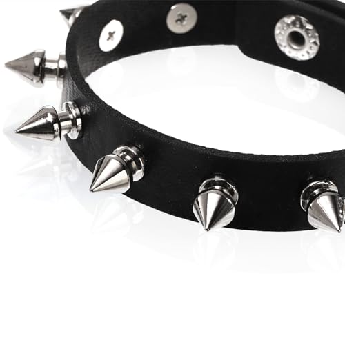 6 PCS Punk Studded Necklace Bracelet Set, Halloween Leather Gothic Rivet Choker and Wristband, Adjustable Rock Choker Bangle with Snap Button, Cool Spike Biker Accessories for Cosplay Party4