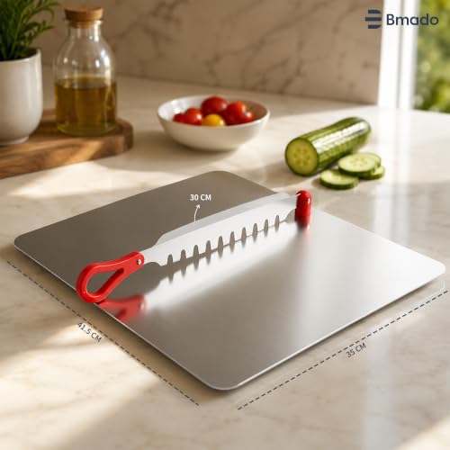 Image of Bmado 304 Stainless Steel Cutting Board with Vegetable Cutter | Premium Food Grade Countertop Chopping Board for Vegetables, Fruits & Bread | Heavy Duty, Durable, Safe | 310 x 340 x 1.3 mm