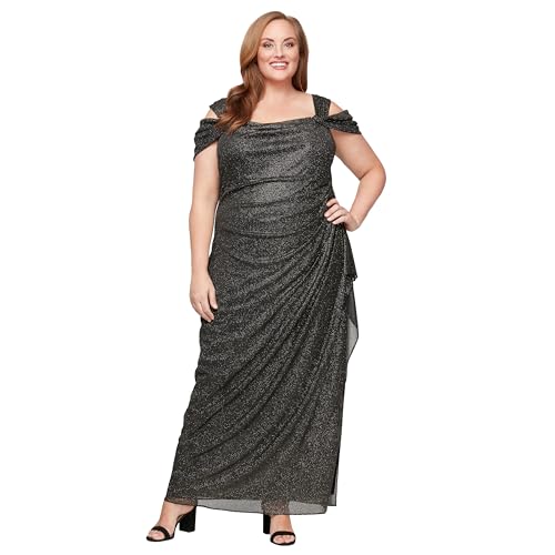 Image of Alex Evenings Women's Long Cold Shoulder Dress, Mother of The Bride, Formal Events, Black /Gold Glitter, 16 Plus