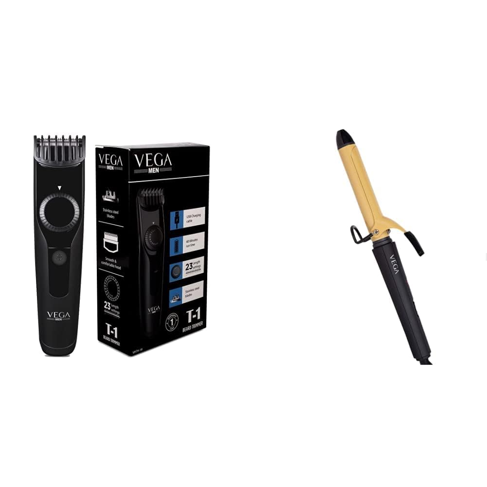 Vega T-1 TRIMMER for Men, USB charging, cordless, rechargeable - 40 minutes run time, 23 length settings starting 1mm + VEGA Ease Curl Hair Curler-25 mm (VHCH-02), Beige (B08QLD32PJ) Amazon Price History, Amazon Price Tracker