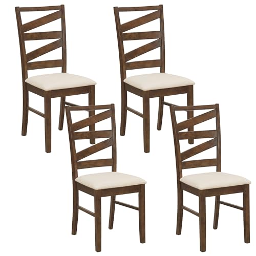 Image of COSTWAY Wooden Dining Chairs Set of 4, Farmhouse Kitchen Side Chair with High Back, Fabric Padded Seat, Armless Chairs for Dining Room, Living Room, Home Kitchen, Restaurant (Brown & Beige)