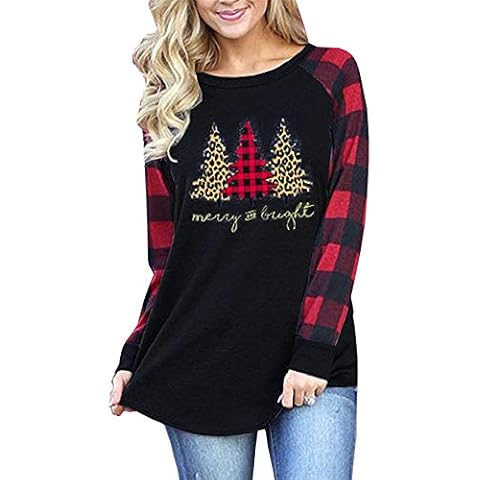 Women's Christmas Plaid Printed Long Sleeve Tops Casual Check T-Shirts Blouse Pullover Snowman Tee Top Cover