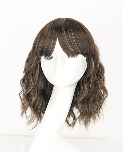 Image of AISI HAIR Curly Bob Wig with Bangs Short Wavy Warm Medium Brown Color Wigs for Women Bob Style Synthetic Heat Resistant Bob Wigs