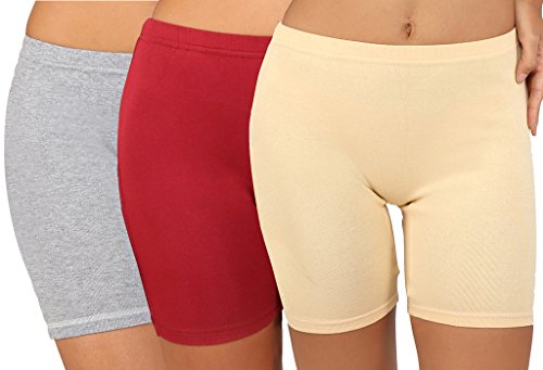 Image of Bralux Cycling Shorts for Women, Girls with Cotton Spandex Set of 3 - Multi Colour Rib Shorts