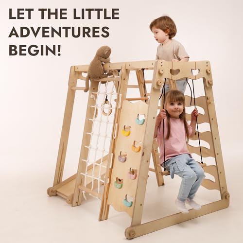 Image of Goodevas Improves 9-in-1 Indoor Climbing Frame for Kids, Montessori Climbing Frame with Slide, Swing, Climbing Wall, Climbing Triangle - Playground for Nursery