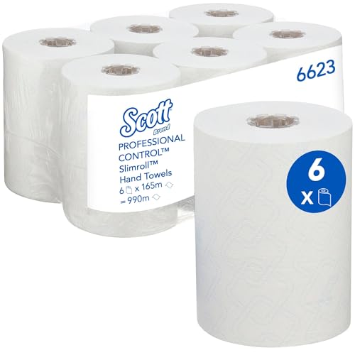 Scott Control Slimroll 6623, Toallas de Papel Desechables, Papel Secamanos Blanco, Suave y Resistente, Compatible con Dispensador Aquarius, 6 Rollos de 165 m (Total 990 m)