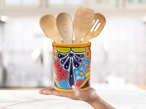 Kitchen Utensil Holder For Counter For Kitchen Crock Mexican Talavera Pottery Ceramic Colorful Utensil Spoon Jar Cooking Organizer & Flower Vase Medium (Marigold)