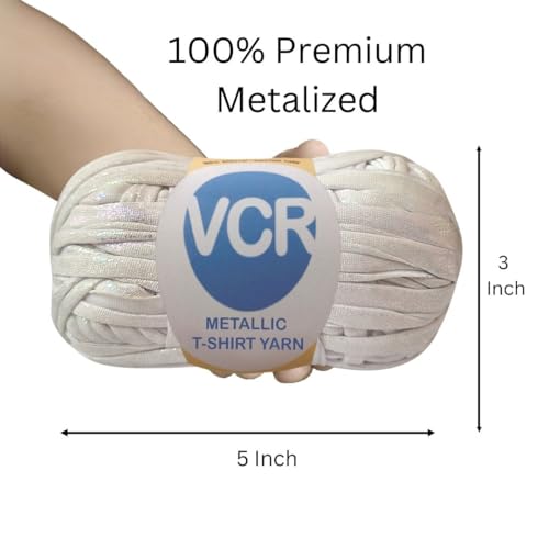 Image of VCR Shine White Metallic T-Shirt Yarn, 100 Grams, 100% Metallized Craft Yarn, Pack of 1 Yarn, Suitable for Handbags, Tote Bags and Sling Bags