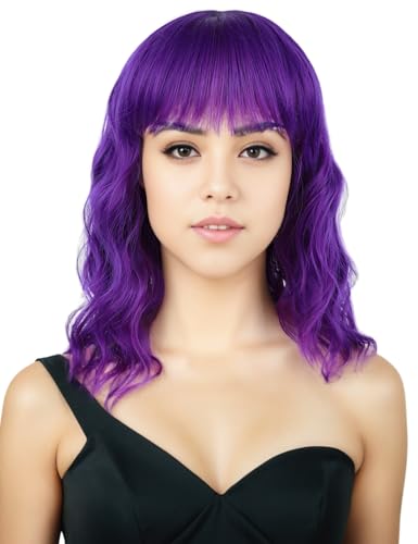morvally Short Wavy Wig with Bangs for Women 16 Inches