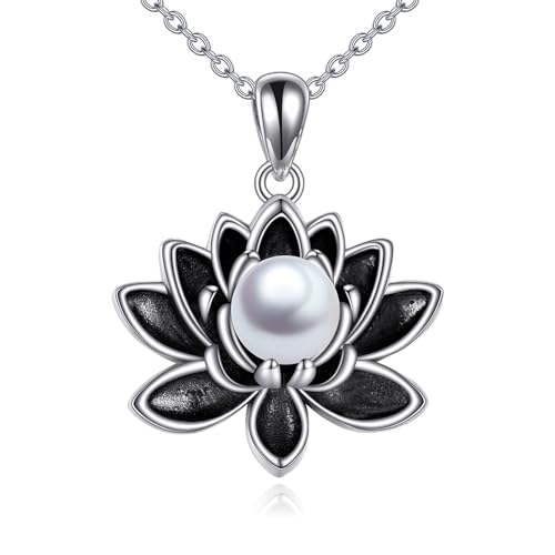 TIGER RIDER Lotus Necklace 925 Sterling Silver Pearl Pendant Necklace Black Lotus Flower Jewelry Gifts for Women