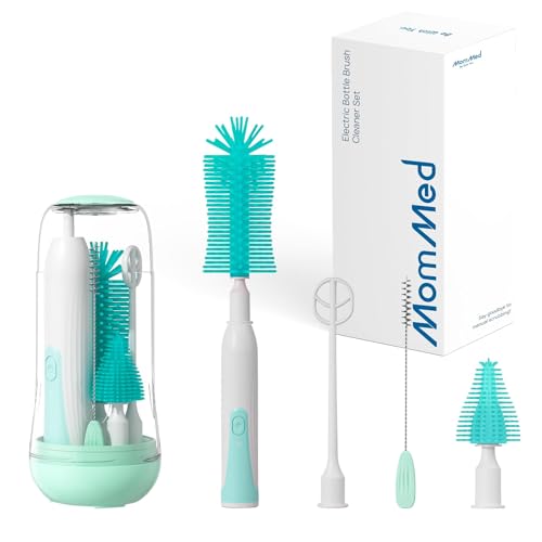 MOMMED Cepillos para Biberones Kit, 360° rotación Cepillo eléctrico para biberones, Incluye biberón de Silicona/Chupete/Cepillo de Paja y Varilla para Mezclar, Recargable, Verde