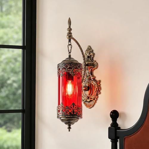 Image of Vintage Wall Sconce with Red Glass, Rustic Black Brushed Gold Farmhouse Wall Light Fixture, Antique Gothic Decorative Metal Wall Lamp for Hallway, Bedroom, Living Room, Entryway