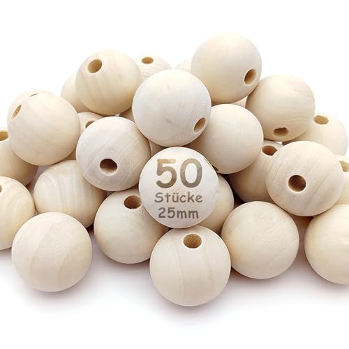 Kisvic Holzkugeln mit Loch 25mm, 50 St&uuml;ck Runde Holzperlen Natur gro&szlig;, Holzkugeln f&uuml;r armb&auml;nder zum Auff&auml;deln f&uuml;r DIY Handgefertigte Dekorationen