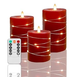 Red Flameless Candles with String Lights Battery Operated LED Pillar Candles 4‘’ 5‘’ 6‘’ Candle with Remote Control,Fake Candle Set of 3 for Christmas or Special Festivals Decorations