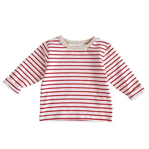 Baby Toddler Striped Base Shirt Cotton Long Sleeve Crewneck Tops Pullover Slim Stretchy Blouse (Red #1, 12-18 Months)