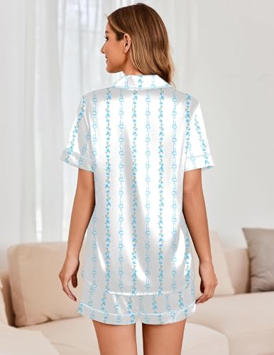Image of Ekouaer Womens Satin Silk 2 Piece Pajamas Set Short Sleeve Sleepwear | Button Down Top and Shorts Loungewear Set for Sleep, Home, Wedding, Travel, Party, Daily Wear & Great for Sharing