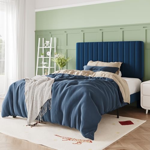 Image of Allewie Twin Bed Frame, Velvet Upholstered Platform Bed with Adjustable Vertical Channel Tufted Headboard, Mattress Foundation with Strong Wooden Slats, Box Spring Optional, Easy Assembly, Navy Blue