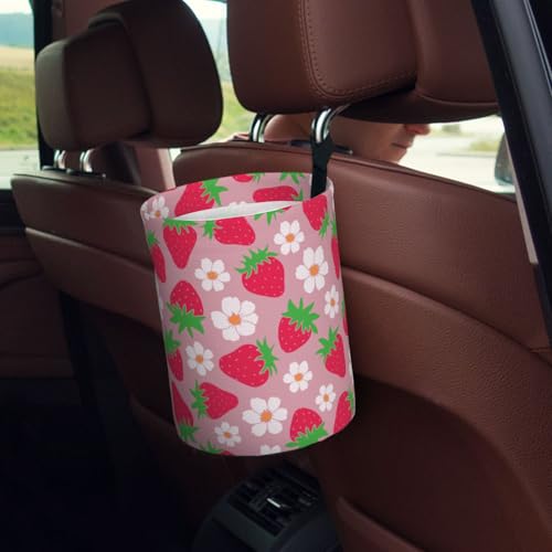 Image of Car Garbage Bag Pink Strawberry and Floral Mini Car Trash Bin Portable Collapsible Waterproof Rubbish Bag for Car Accessories Back Front Seat Cup Holder