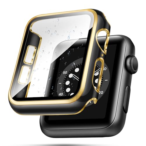 top4cus 45mm Case Compatible with Apple Watch, with Built-in Tempered Glass Screen Protector, PC Cover for iWatch Series 9/8/7/SE 2rd SE 6 5 4/3 2 for Choice (45mm, Black + Gold Edge) by top4cus - Used condition - US$6.30