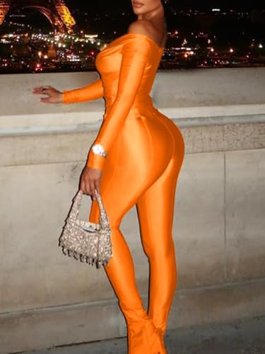 acelyn 2 Piece Outfits for Women Sexy Off Shoulder Tops Bodycon Flared Pant Sets Club Outfits Tracksuit Orange XS