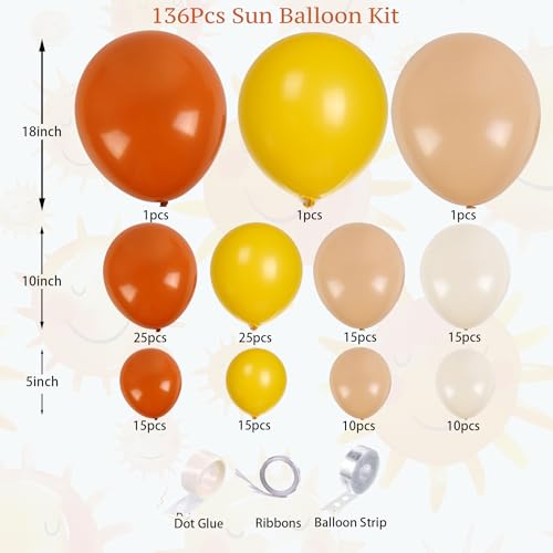 Image of Here Comes The Sun Balloon Arch Kit 136 Pcs Retro Burnt Orange, Mustard Yellow, Nude, Sand White Balloon Garland For Groovy Boho Baby Showers, Sunshine First Birthday Party, Sunset，Fall Celebrations