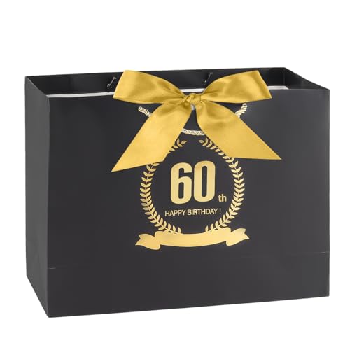 Yiran Happy 60th Birthday Gift Bag with Handles and Ribbon for Men Gifts Wrapping, Black and Gold Large Handbag Paper Gift Bags, 60th Birthday Party Decorations