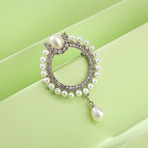 Image of Elegant CZ Cubic Zirconia Round White Simulated Pearl Circle Brooch Pin for Women Wedding