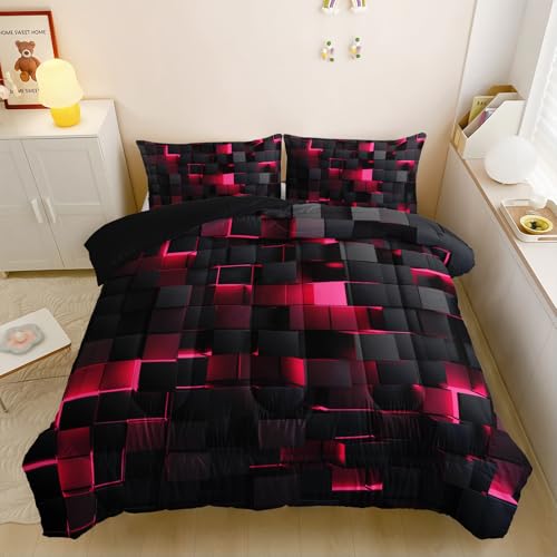 Image of Nttopship Neon Pink Black Comforter Set King Geometric Kids Bedding Set,3 PCS Geometry Honeycomb Bed Set Modern Quilt Set 1 Comforter 2 Pillow Cases Cool Room Decor All Season B-Side Black