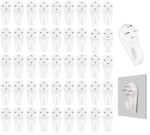 Image of 50 Pcs White Plastic Hangers Photo Frame Hanging Hooks, Non-Trace No Damage Concrete Wall Hooks, , for Hanging Picture, Photo, Fram