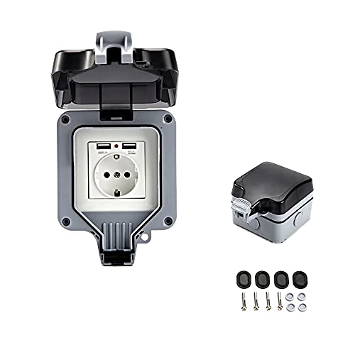 Presa da Muro Esterno Doppia con USB Impermeabile Resistente Presa Elettrica con Scatola da Parete (Singolo)