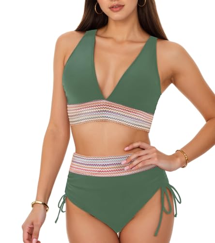 Neteson Bikini Damen Set Sexy Zweiteiliger Badeanzug V Ausschnitt Bademode Hohe Taille Farbblock Kordelzug Badeanzüge Bikinis Bauchweg Sommer Swimsuit Badebekleidung