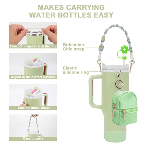 Image of House of Quirk 7 PCS Cup Accessories Set | Tumbler Accessories for 30oz & 40oz | Silicone Boot, Handle Strap, Coin Purse & Straw Covers (Green Charms, Tumbler Not Included)