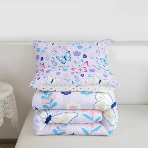 Image of Erosebridal Flying Butterflies King Size Comforter Set for Kids Teens Adults,Pink and Blue Bedding Sets,Cartoon Garden Floral Duvet Insert,Wildlife Quilt Bedroom Decor