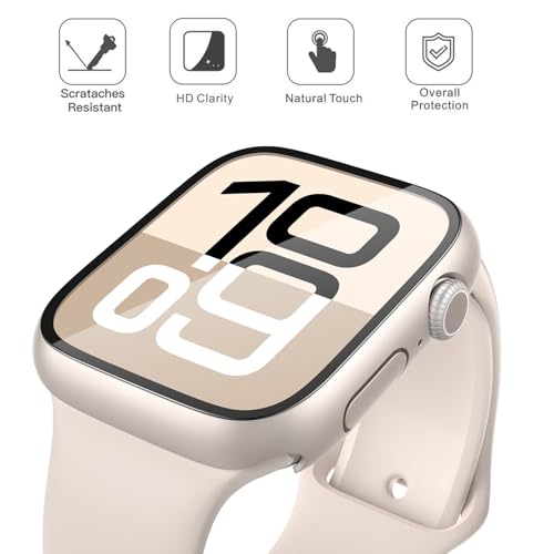 Image of Misxi 2 Pack Tempered Glass Case Compatible for Apple Watch Series 11 (2025) Series 10 42mm, Hard PC Screen Protector Overall Protection Scratch-Resistant Cover for iWatch, 1 Starlight + 1 Transparent