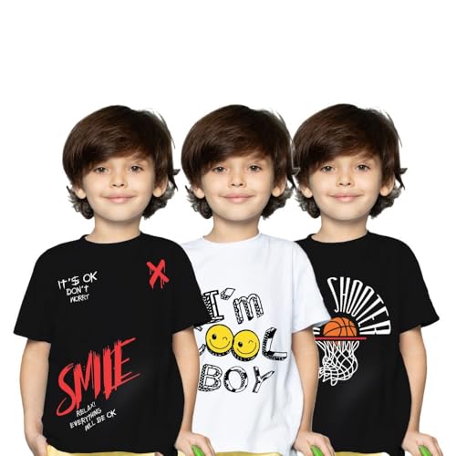 Image of Yazh Texworld Boys Round Neck Blended Cotton T-Shirts | Regular Fit | Half Sleeve | Casual Wear | Trendy | Combo Pack of 3 | Multicolor | Soft, Durable, and Stylish for Everyday use