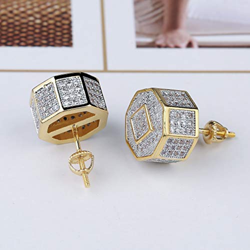 Topgrillz 925 Sterling Silver Iced Out Men And Women 14K Gold Square Kite Screw Back Hypoallergenic Stud Earrings With Simulated Diamond (Octagon Gold) #TOP4