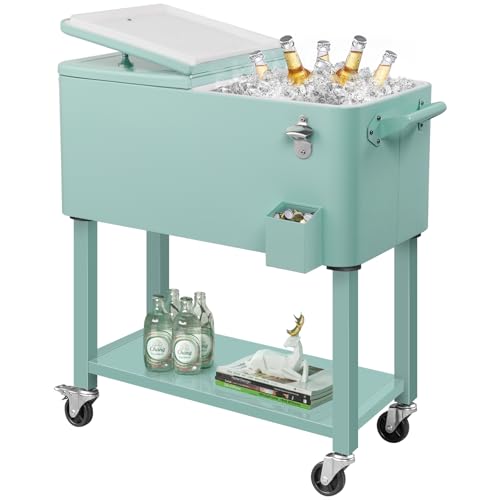 Outvita 80 Quart Rolling Ice Chest, Patio Cooler with Lockable Wheels, Portable Bar Drink Cooler with Detachable Box, Storage Tray, Bottle Opener, for Pool Party BBQ Patio Beach Cerebration Events