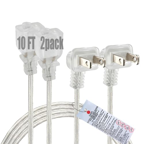 Clear Extension Cord 10 FT 2 Pack Indoor Thin 2 Prong Extension Cord with Flat Plug Slim Extension Cable for Christmas Lights Lamps & Holiday Lighting (18AWG 10A/125V)