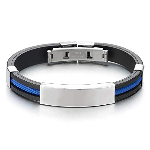 iMETACLII Hombre Niños Acero Inoxidable ID Identificación Pulsera, Negro Caucho Brazalete Incrustaciones de Azul Retorcido Caucho